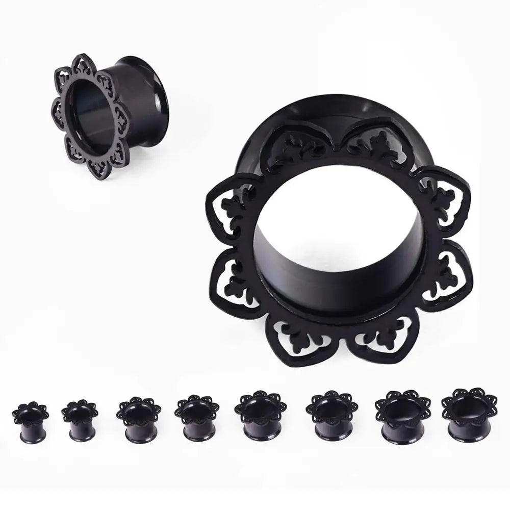 Black Flower Design Dark Rainbow Stone Plugz or Tunnels 8-20mm