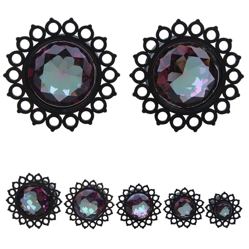 Black Flower Design Dark Rainbow Stone Plugz or Tunnels 8-20mm