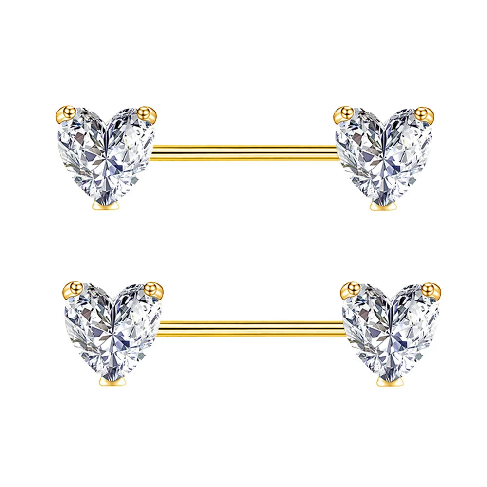 Heart Shaped Stone Nipple Barbells 14g
