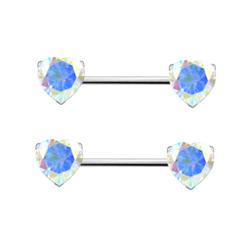 Heart Shaped Stone Nipple Barbells 14g