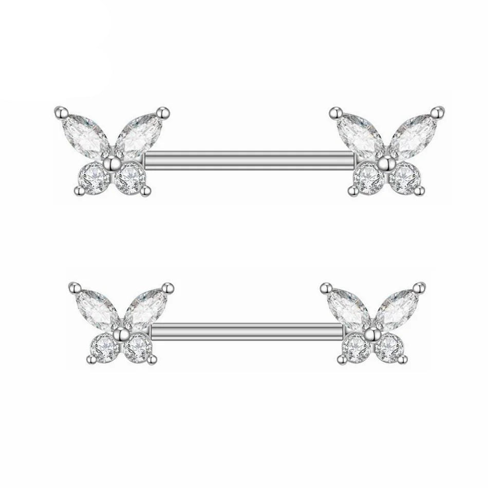 Butterfly Nipple Rings Titanium or Steel Straight Barbell 14G