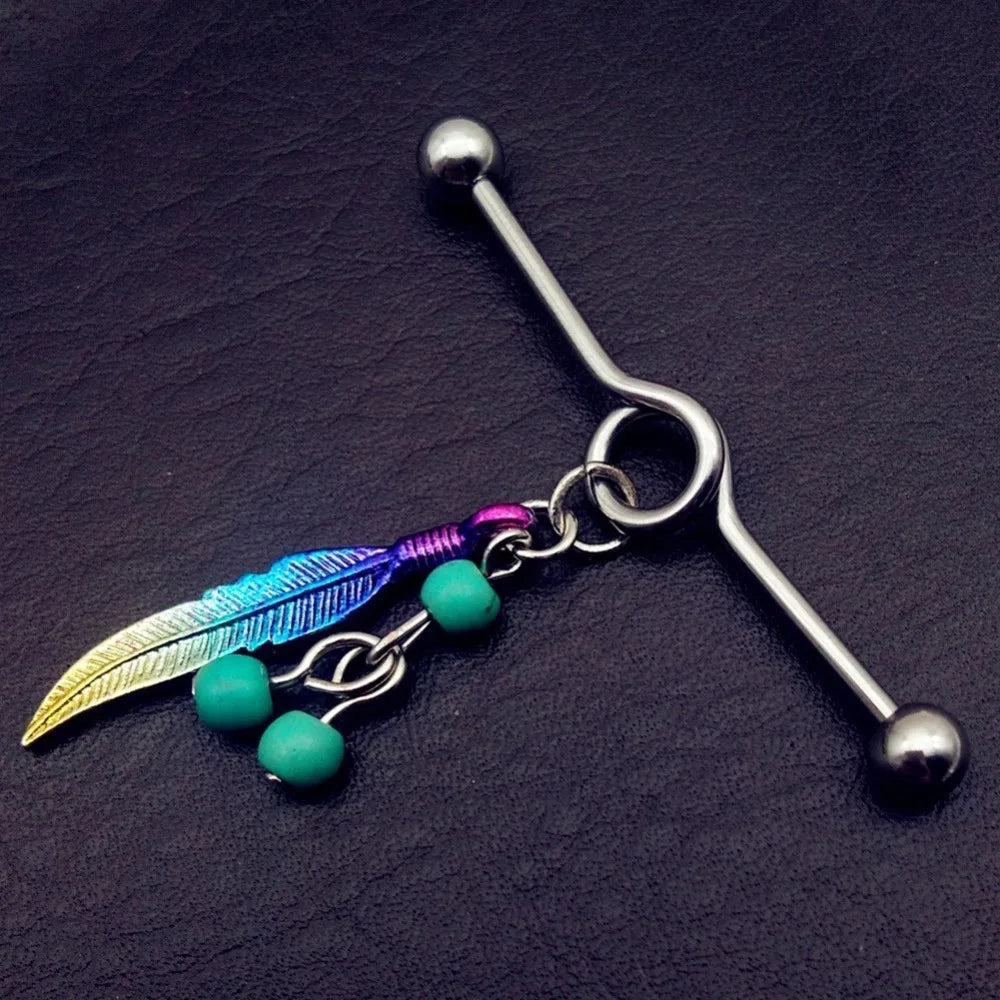 Rainbow Feather Industrial Barbell 14g