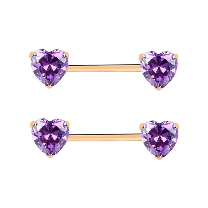 Heart Shaped Stone Nipple Barbells 14g
