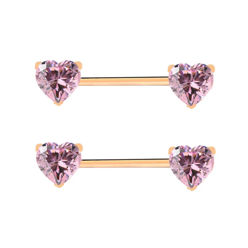 Heart Shaped Stone Nipple Barbells 14g