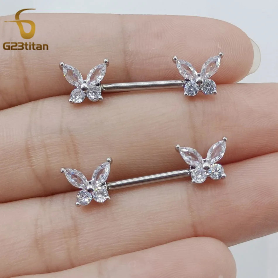 Butterfly Nipple Rings Titanium or Steel Straight Barbell 14G