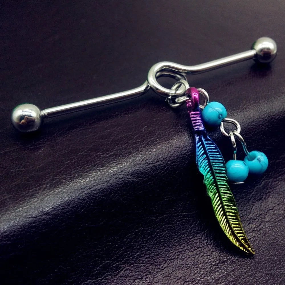 Rainbow Feather Industrial Barbell 14g