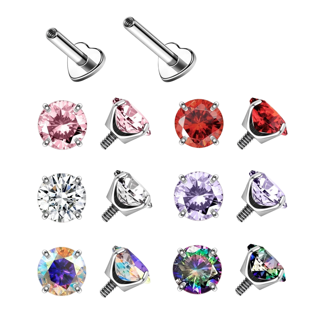 Collection of gemstone earrings with solid G23 titanium marking on a white background