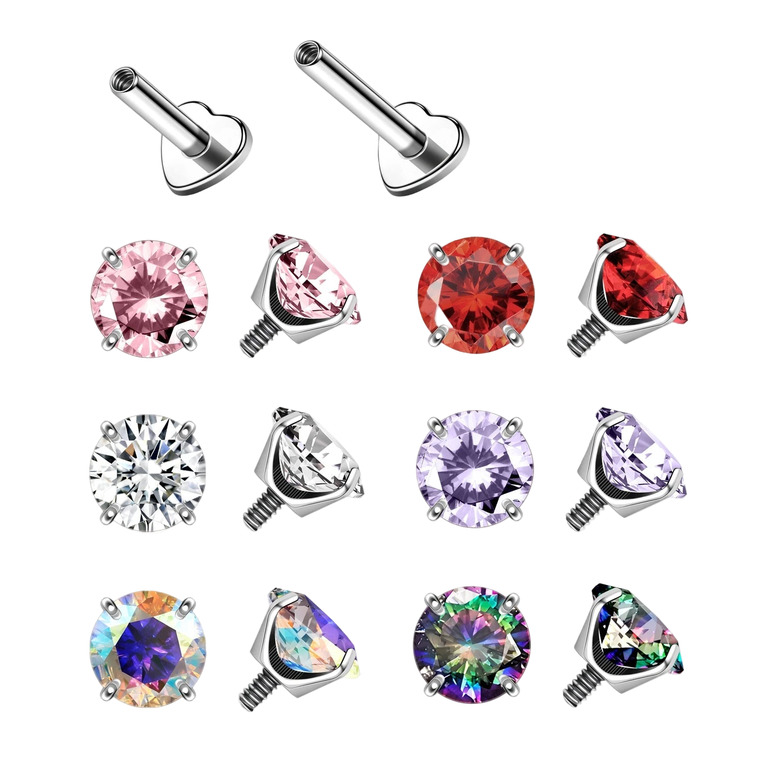 Collection of gemstone earrings with solid G23 titanium marking on a white background