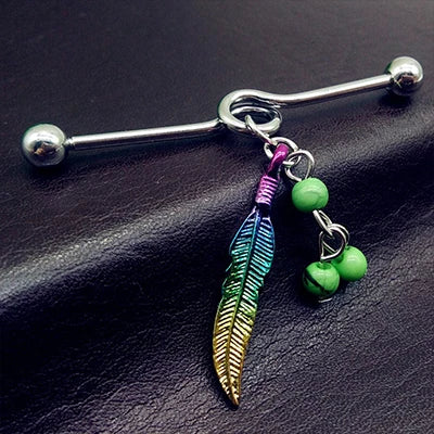 Rainbow Feather Industrial Barbell 14g