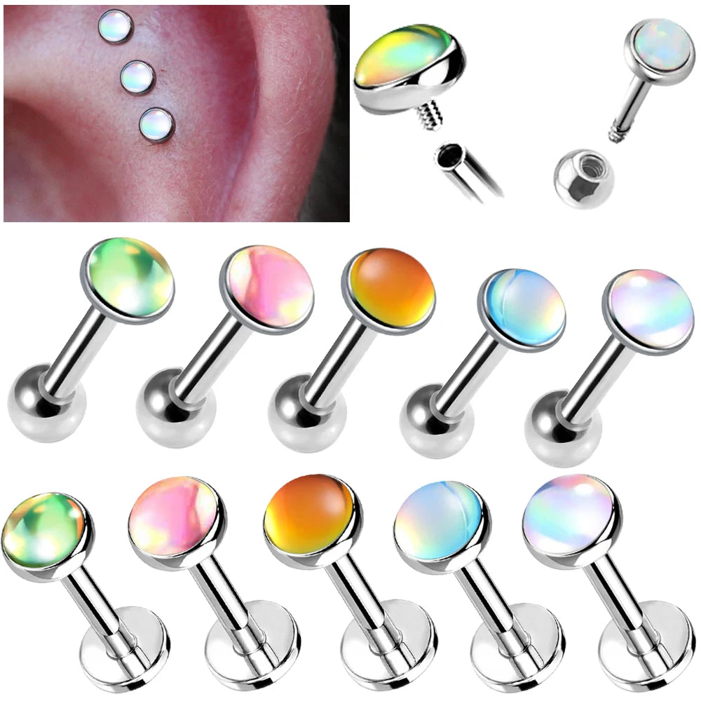 16g Surgical Steel Flash Film Gem Lip Labret Stud Ear Tragus Cartilage Helix Ring