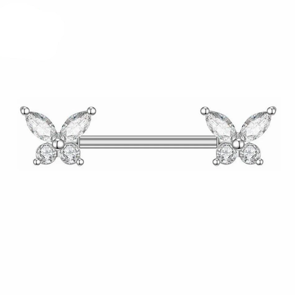 Butterfly Nipple Rings Titanium or Steel Straight Barbell 14G