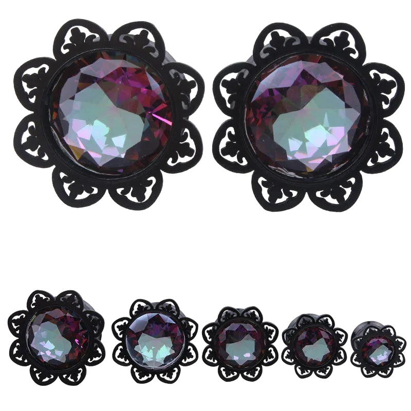 Black/Dark Rainbow Gem Flower Design Plugz 8-16mm