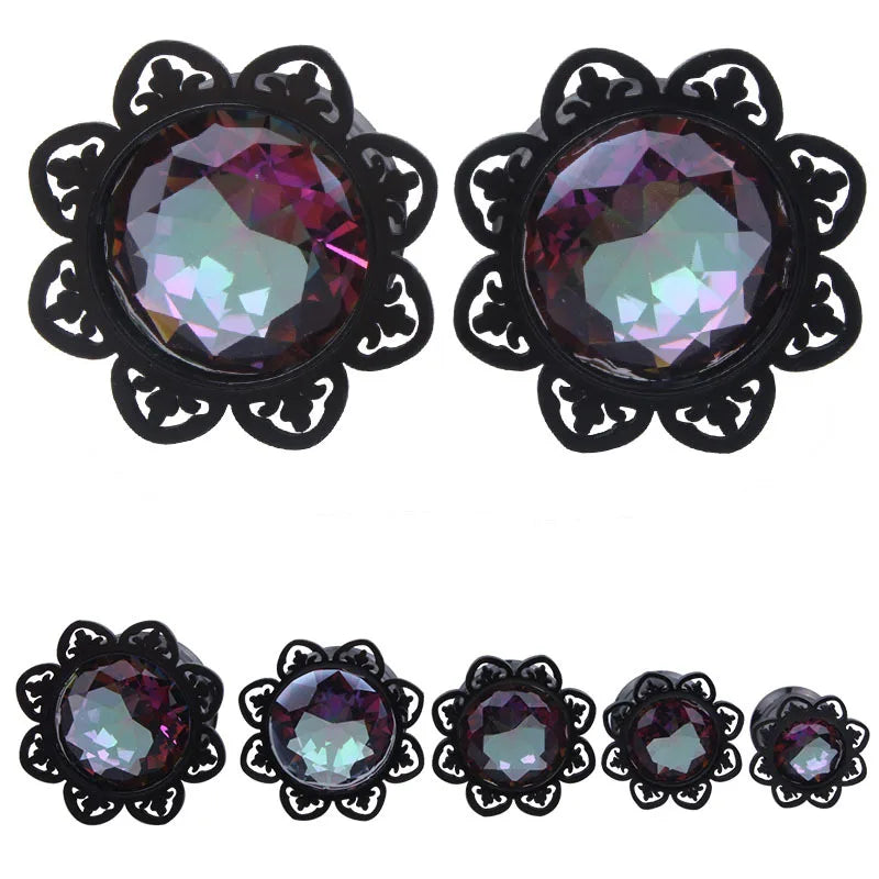 Black Flower Design Dark Rainbow Stone Plugz or Tunnels 8-20mm