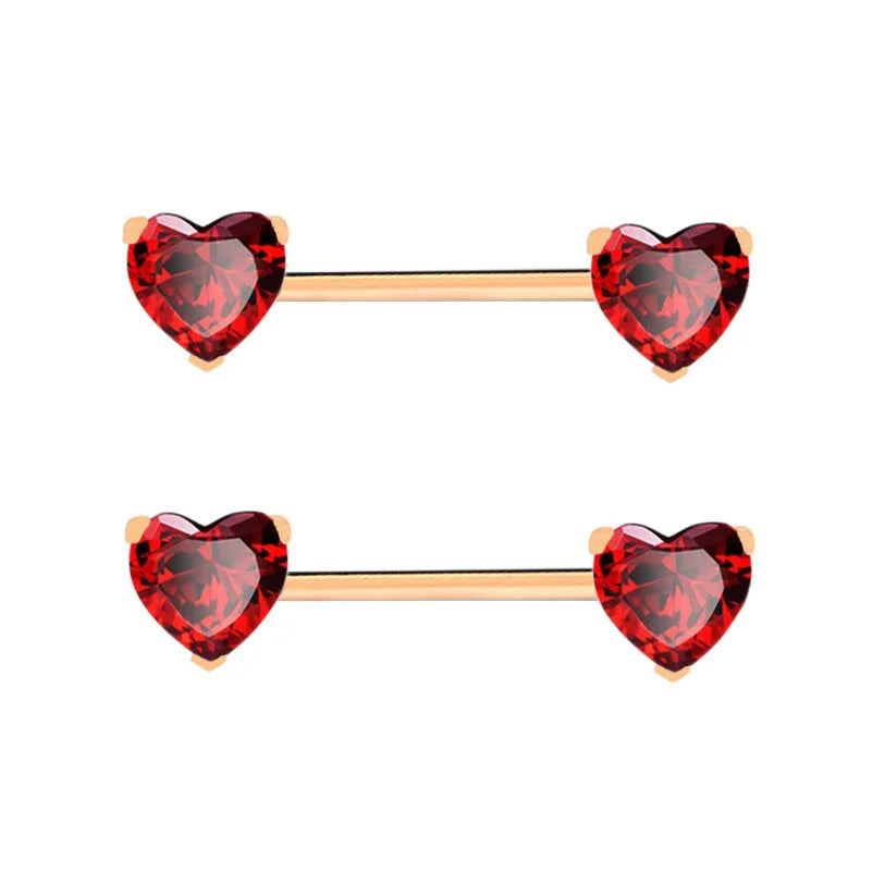 Heart Shaped Stone Nipple Barbells 14g