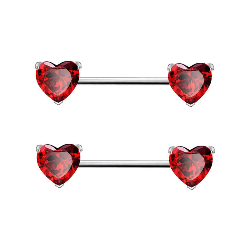 Heart Shaped Stone Nipple Barbells 14g
