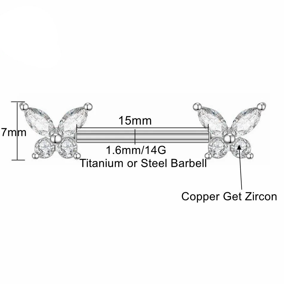 Butterfly Nipple Rings Titanium or Steel Straight Barbell 14G