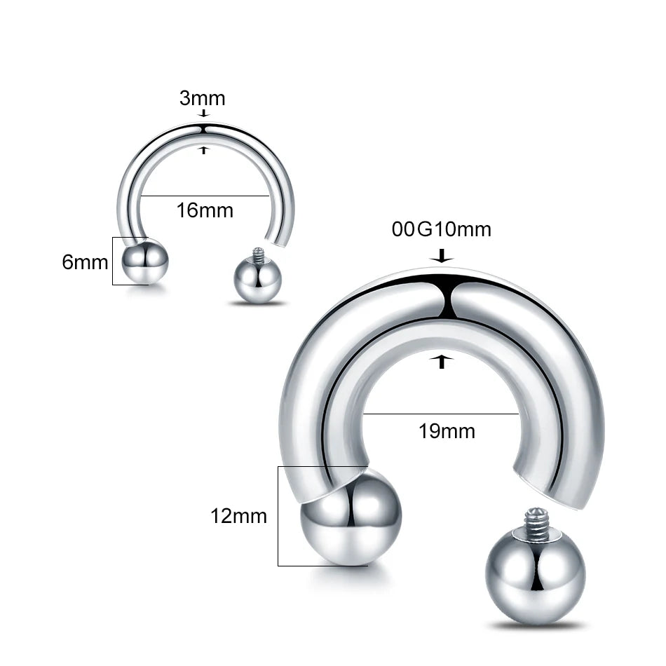 Surgical Steel Large Size 12g-00g Horseshoe Ring Septum Ear Prince Albert Piercing