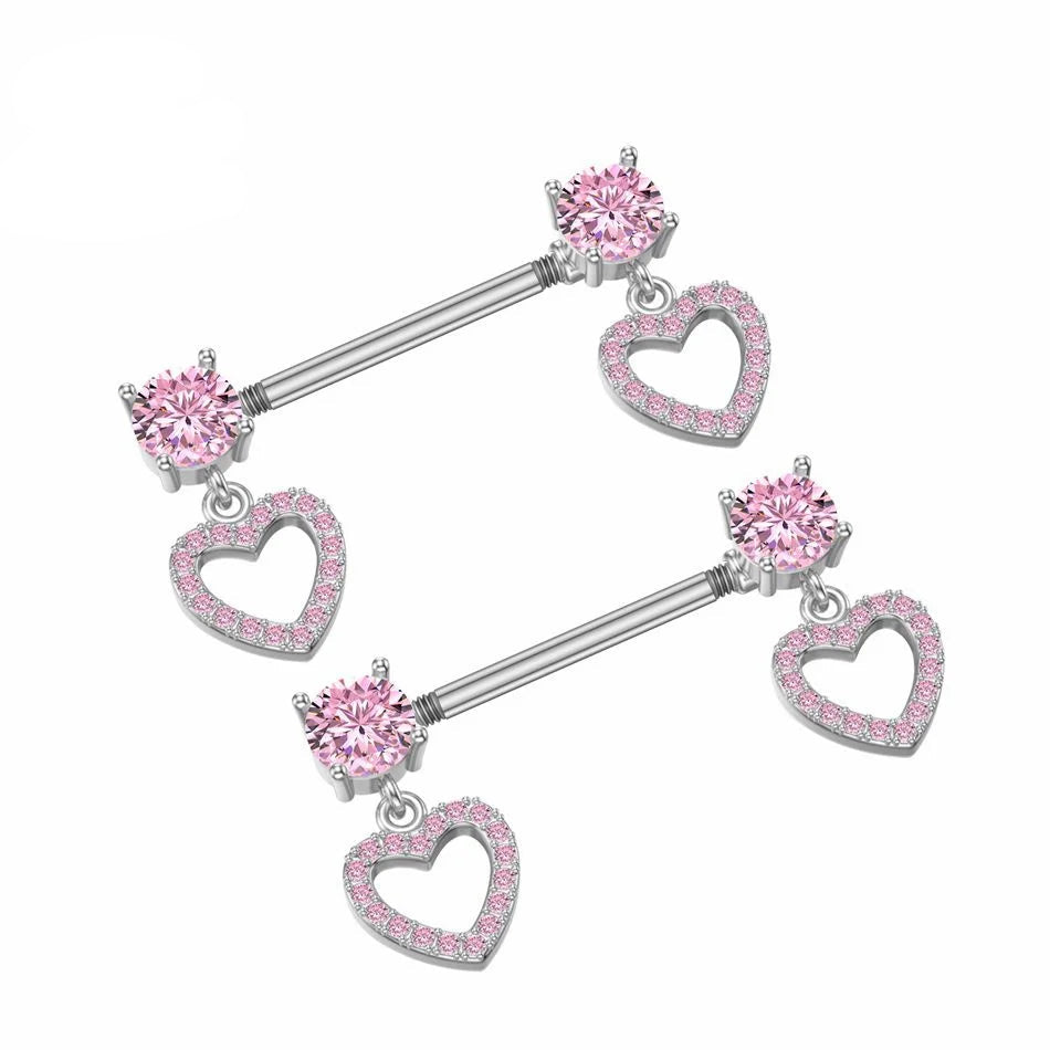 Pink Heart Dangle Pair of Nipple Rings 14G Titanium or Steel Barbell