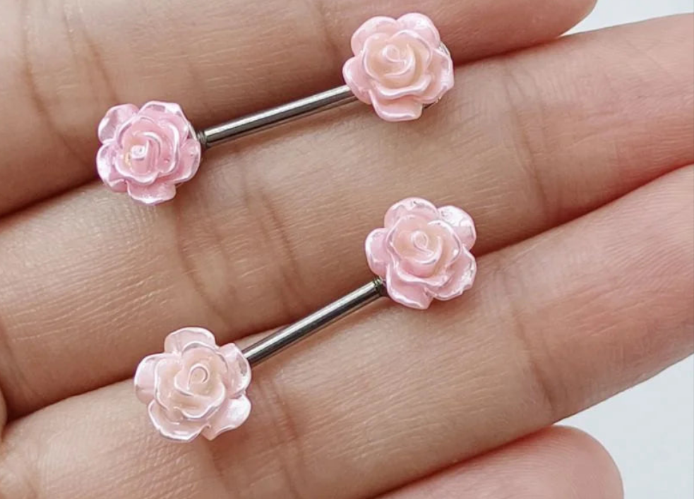 Pair of Pink Rose Nipple Rings 14G Titanium or Steel Barbell