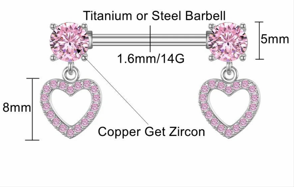Pink Heart Dangle Pair of Nipple Rings 14G Titanium or Steel Barbell