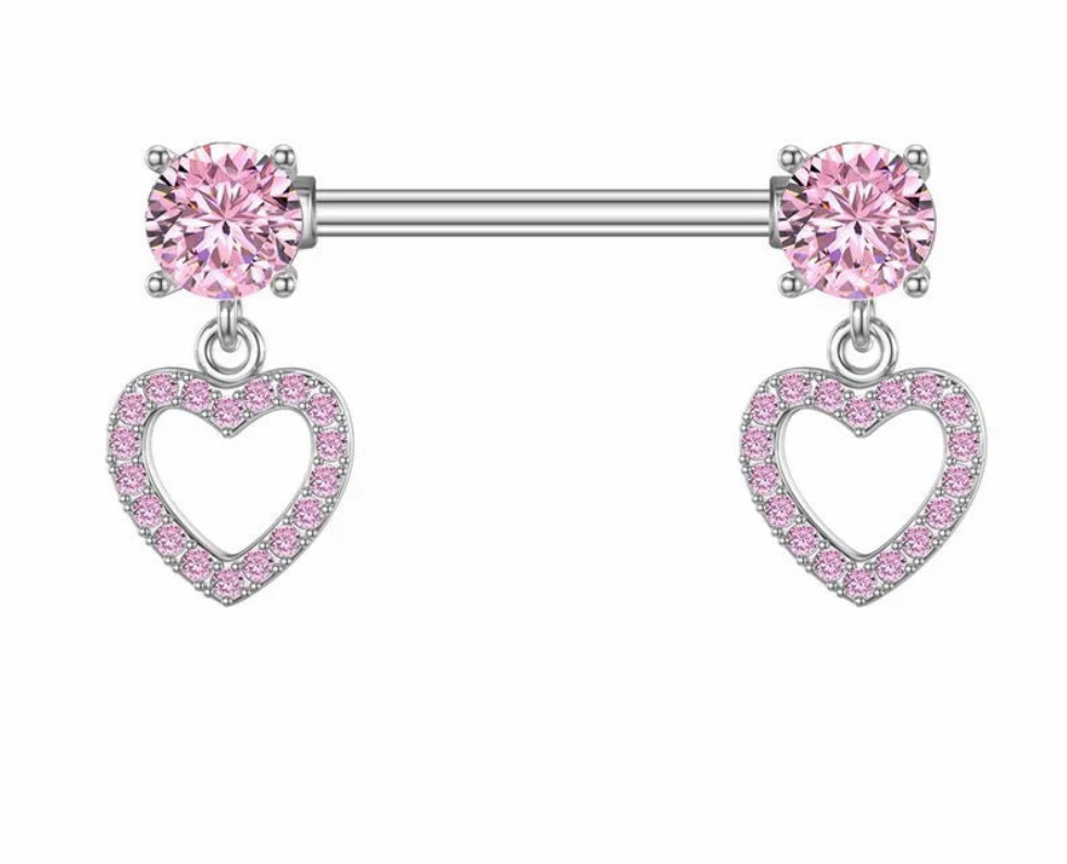 Pink Heart Dangle Pair of Nipple Rings 14G Titanium or Steel Barbell