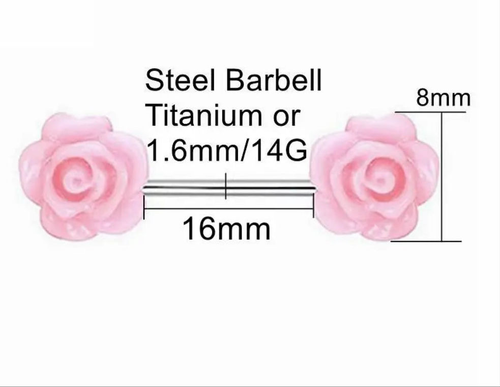 Pair of Pink Rose Nipple Rings 14G Titanium or Steel Barbell