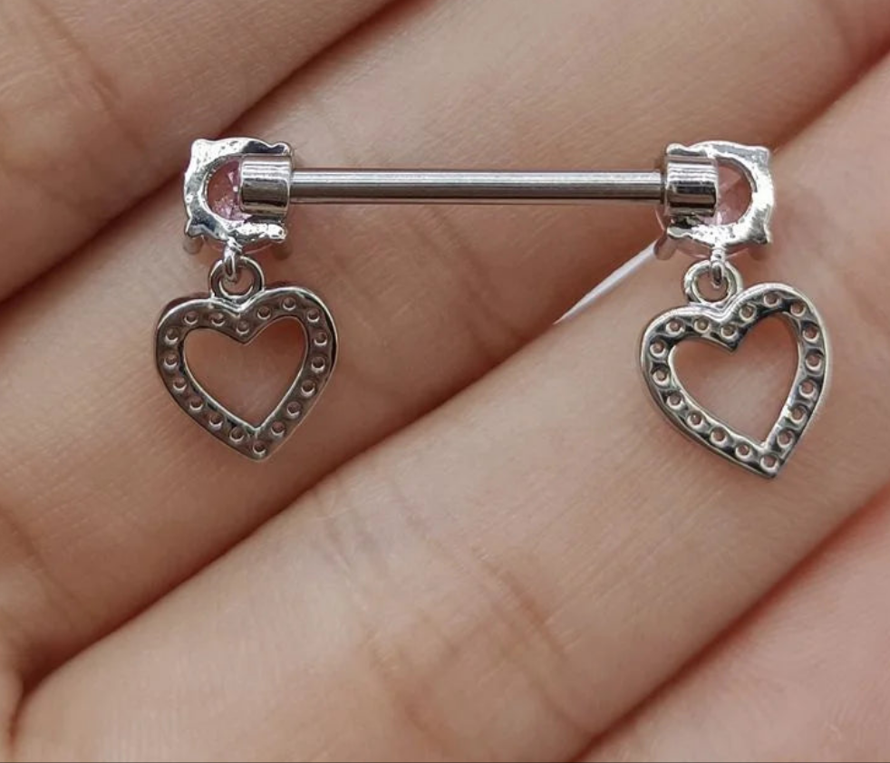 Pink Heart Dangle Pair of Nipple Rings 14G Titanium or Steel Barbell