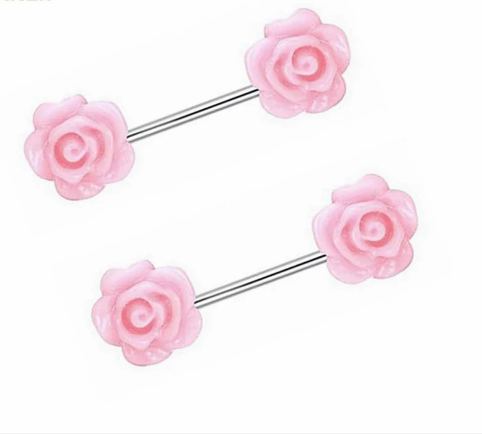 Pair of Pink Rose Nipple Rings 14G Titanium or Steel Barbell