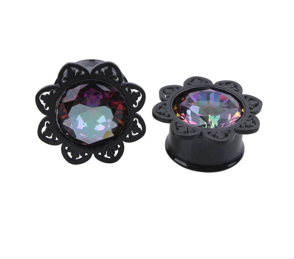 Black Flower Design Dark Rainbow Stone Plugz or Tunnels 8-20mm