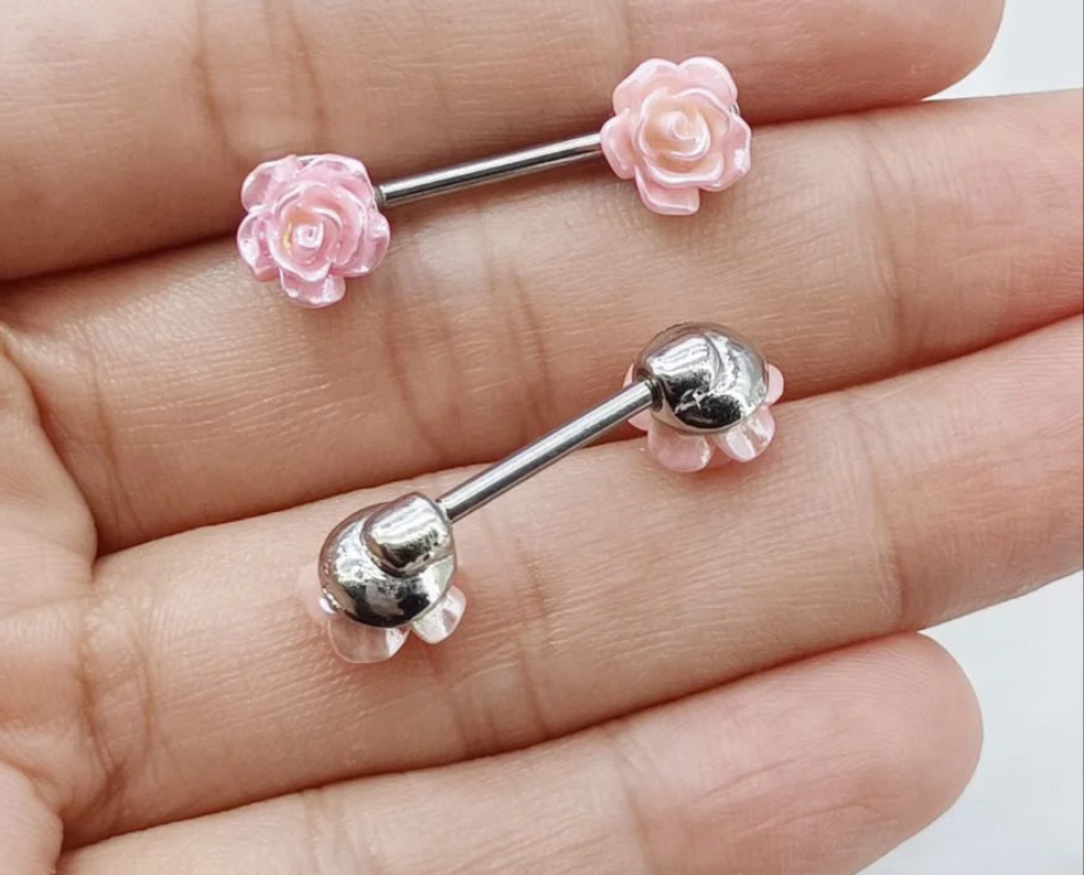 Pair of Pink Rose Nipple Rings 14G Titanium or Steel Barbell