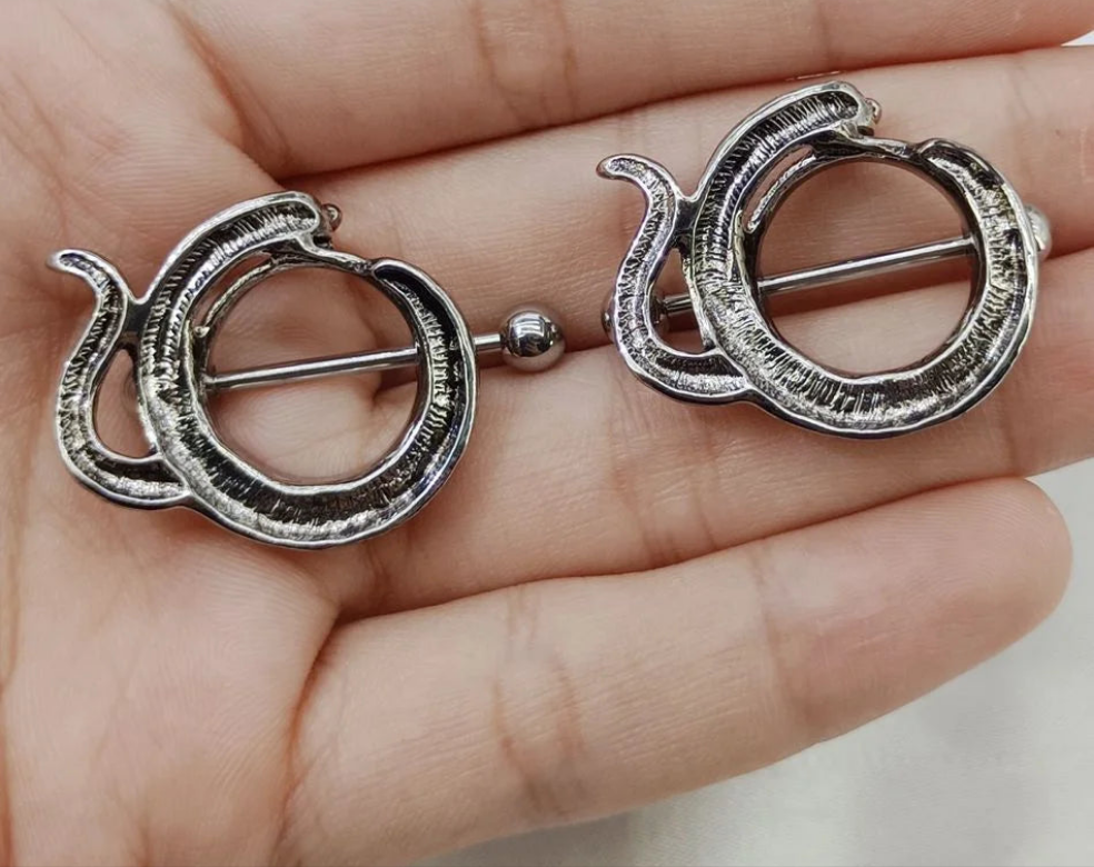 Snake Shape Surgical Titanium or Steel Pair Nipple Rings Barbells 14G
