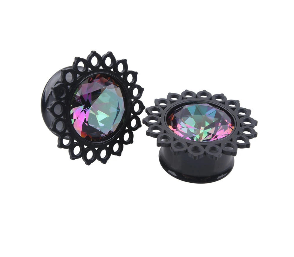 Black Flower Design Dark Rainbow Stone Plugz or Tunnels 8-20mm