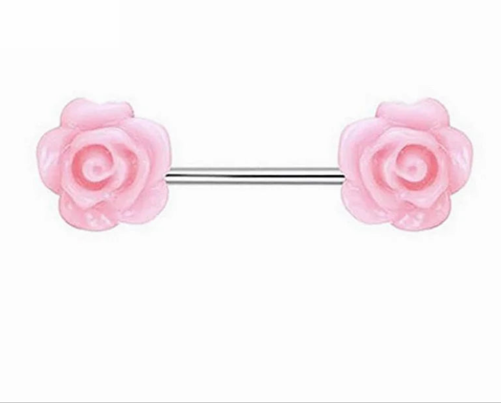 Pair of Pink Rose Nipple Rings 14G Titanium or Steel Barbell