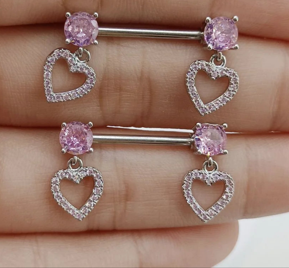 Pink Heart Dangle Pair of Nipple Rings 14G Titanium or Steel Barbell
