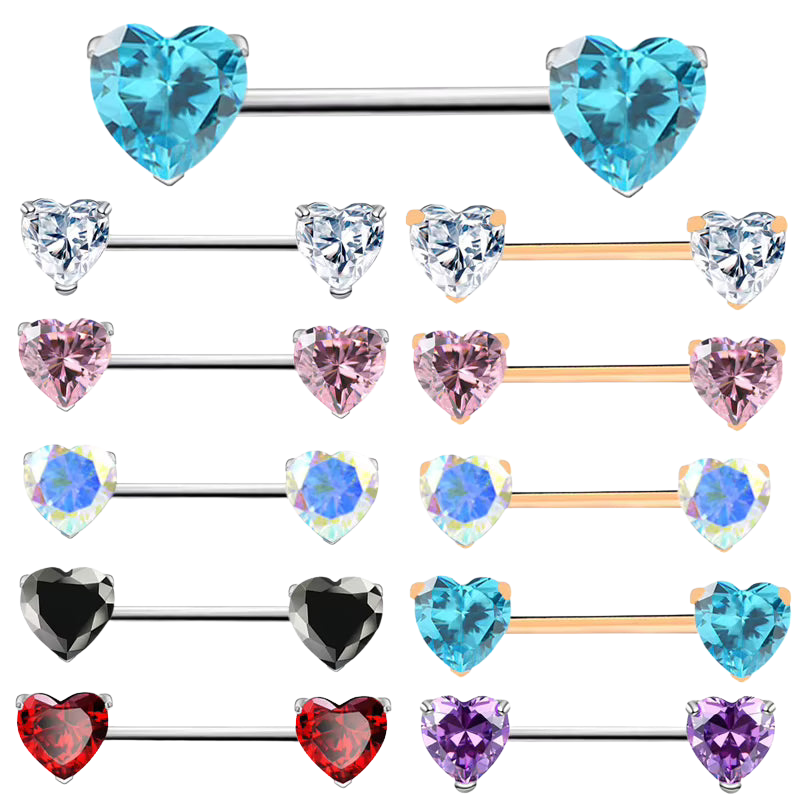 Heart Shaped Stone Nipple Barbells 14g