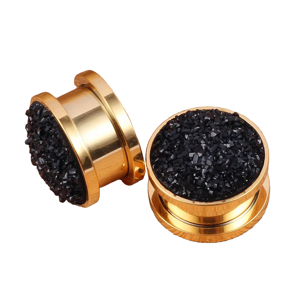Gold/Black Sandy Gemstone Plugz Twist On back 6-16mm