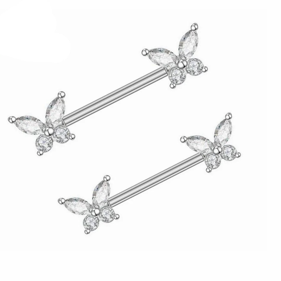 Butterfly Nipple Rings Titanium or Steel Straight Barbell 14G