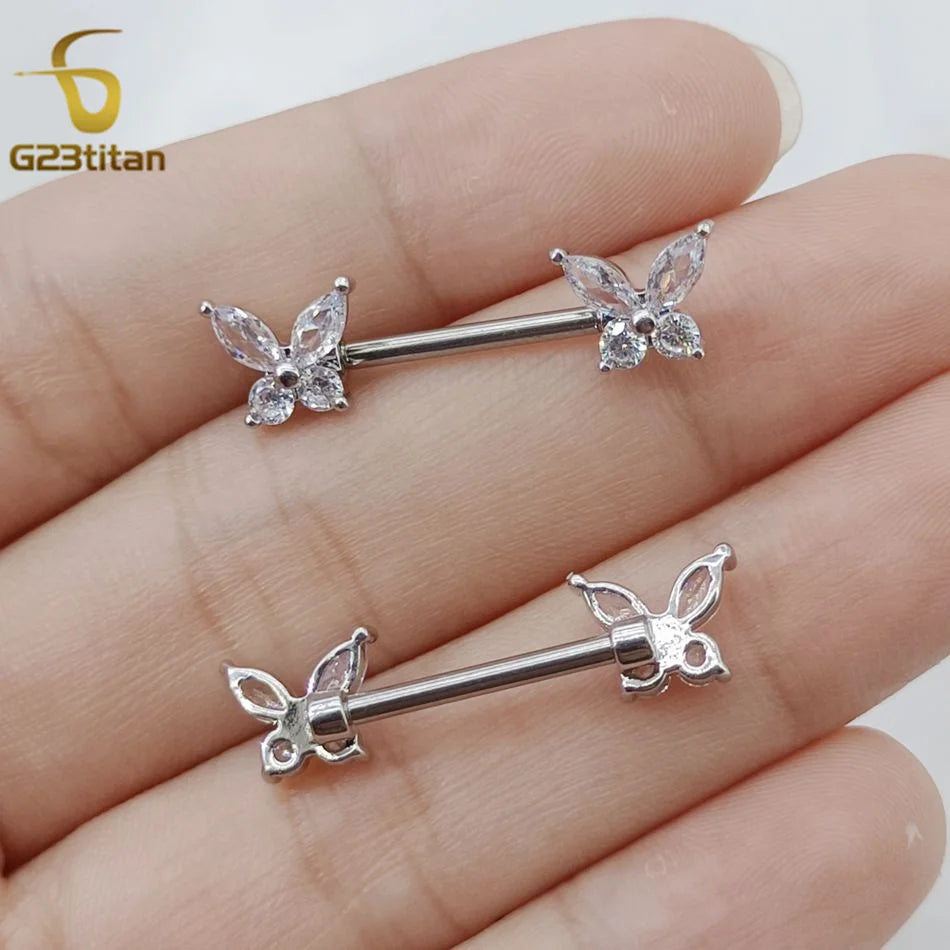 Butterfly Nipple Rings Titanium or Steel Straight Barbell 14G