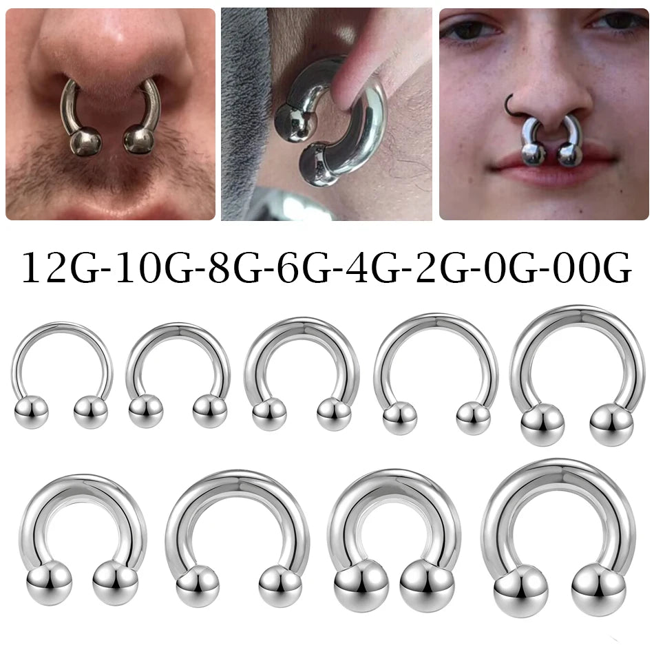 Surgical Steel Large Size 12g-00g Horseshoe Ring Septum Ear Prince Albert Piercing