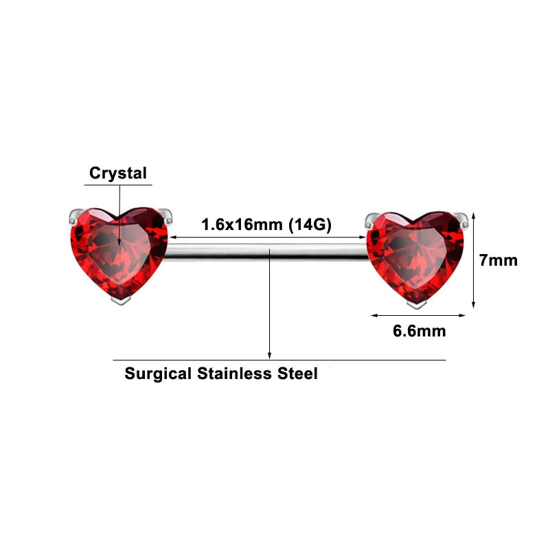 Heart Shaped Stone Nipple Barbells 14g