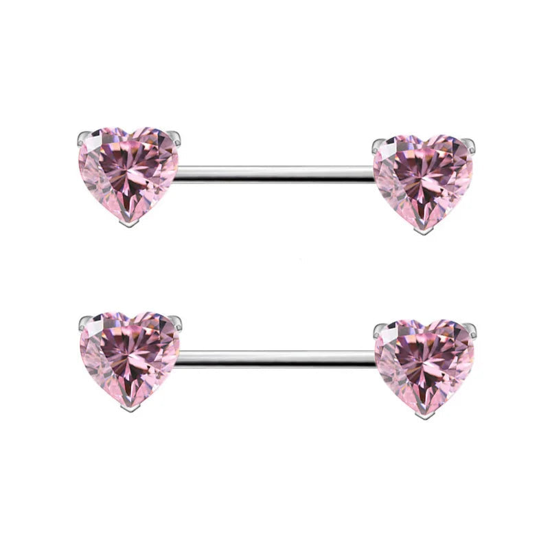 Heart Shaped Stone Nipple Barbells 14g