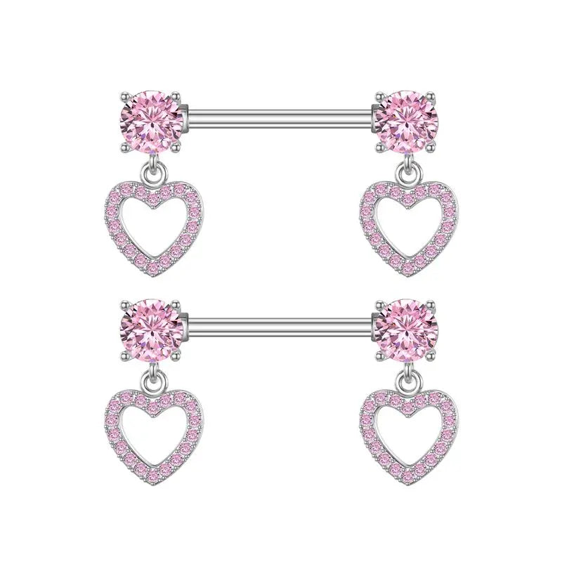 Pink Heart Dangle Pair of Nipple Rings 14G Titanium or Steel Barbell