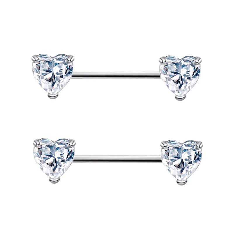 Heart Shaped Stone Nipple Barbells 14g