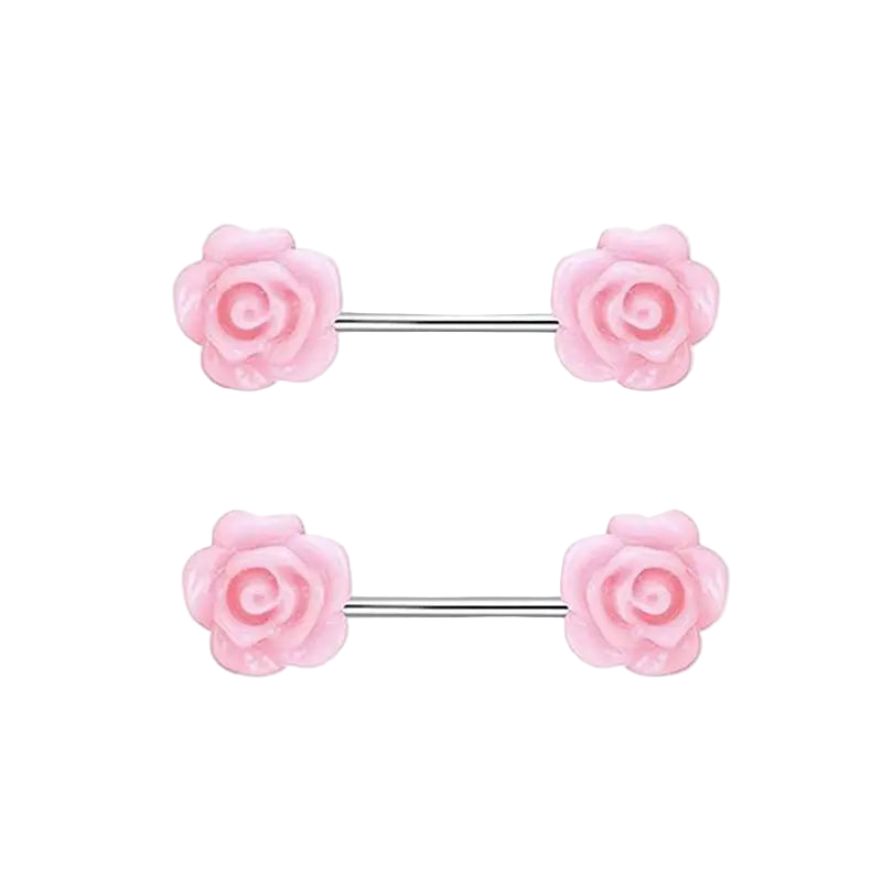 Pearlescent Pink Rose Nipple Rings 14g, Titanium Barbel