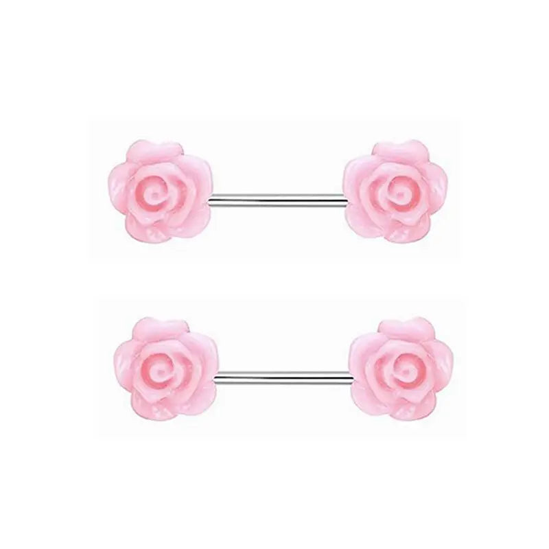 Pair of Pink Rose Nipple Rings 14G Titanium or Steel Barbell