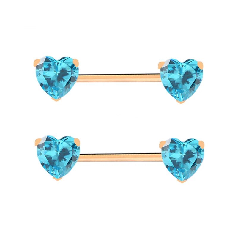 Heart Shaped Stone Nipple Barbells 14g