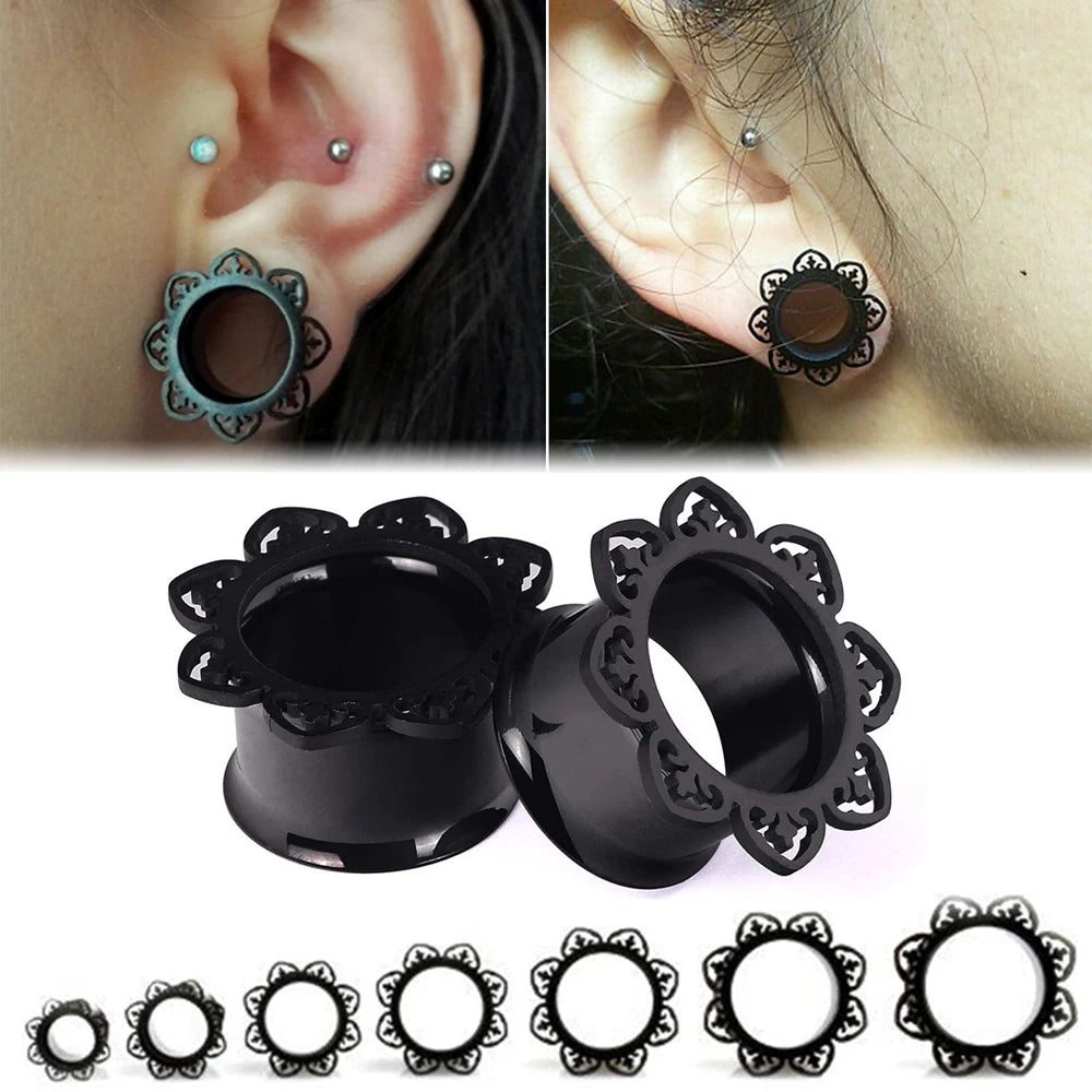 Black Flower Design Dark Rainbow Stone Plugz or Tunnels 8-20mm