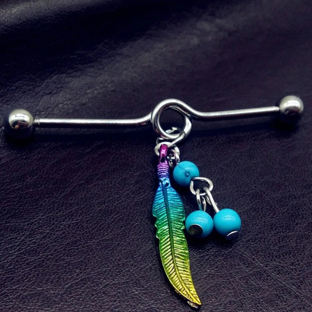 Rainbow Feather Industrial Barbell 14g