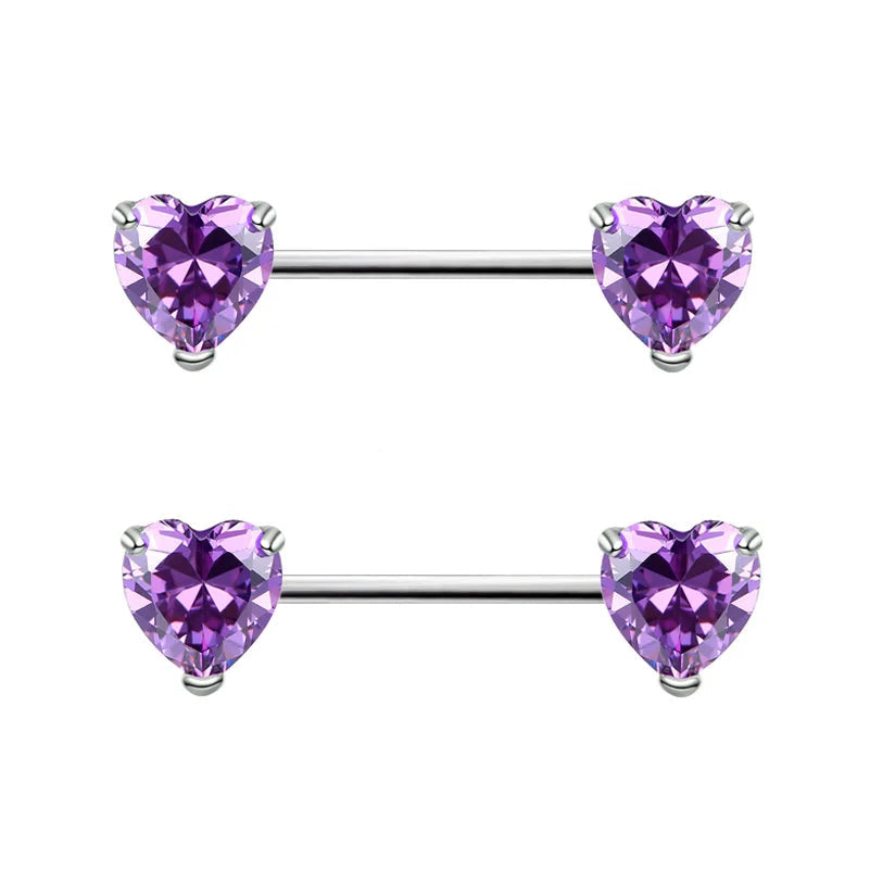 Heart Shaped Stone Nipple Barbells 14g
