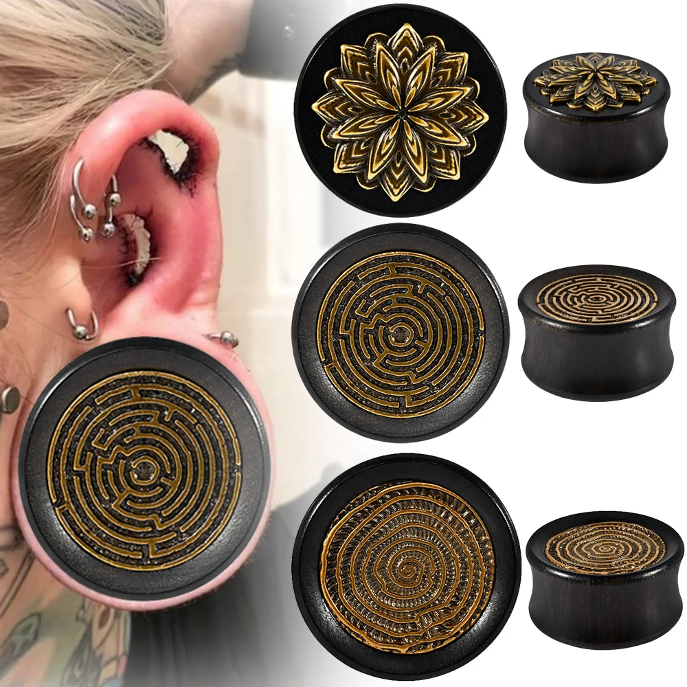 Natural Wood Plugz with Brass Embellishment 8-25mm
